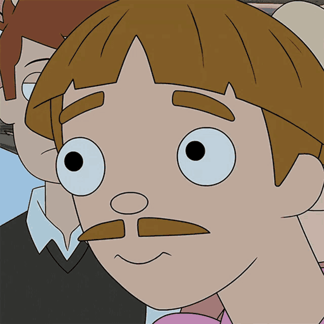 a close up of a cartoon character with a mustache and big eyes