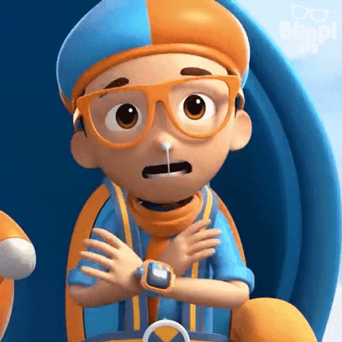 a close up of a cartoon character wearing glasses and a watch with his mouth open .