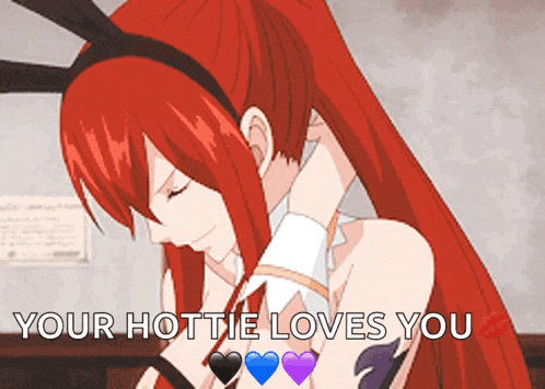 a red haired anime girl wearing a bunny ears headband with the words " your hottie loves you "