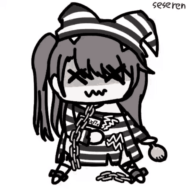 a black and white drawing of a girl in a jail cell with chains around her neck .