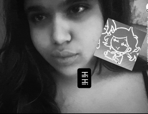 a black and white photo of a girl with a sticker on her neck that says hi hi