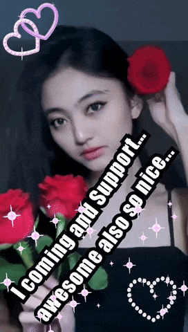 a girl holding a red rose with the words " i coming and support awesome also so nice "
