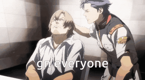 a cartoon of a man putting his hand on another man 's head with the words " gn everyone " in the corner