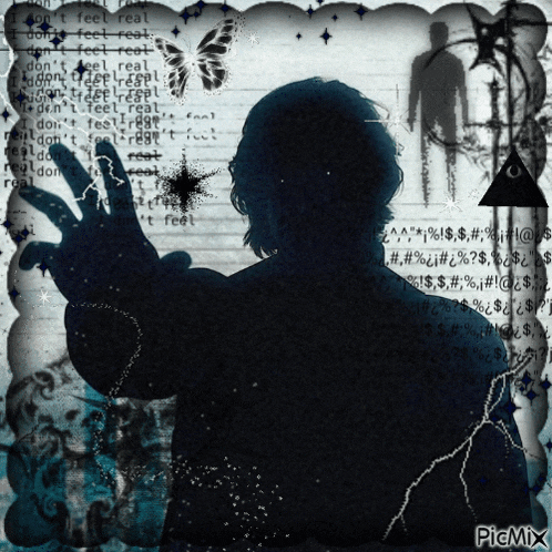 a silhouette of a person is surrounded by various letters and symbols including a triangle and a star