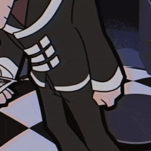 a cartoon drawing of a man sitting on a checkered floor with his eyes closed