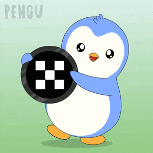 a blue and white penguin holding a black and white checkered circle with the word pengu on the bottom