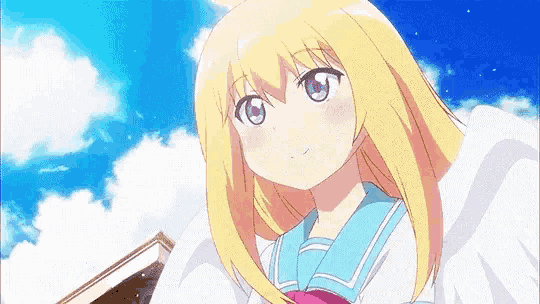 a girl with blonde hair and blue eyes is looking up at the sky