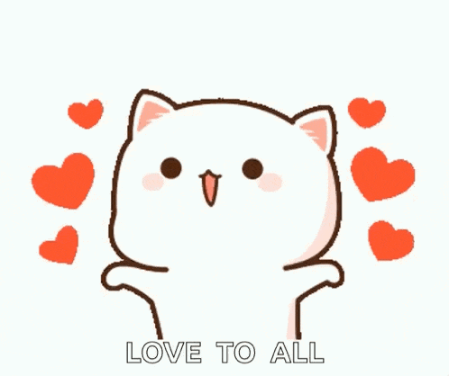 a cartoon cat is surrounded by red hearts and says love to all .