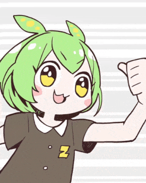 a cartoon girl with green hair and yellow eyes giving a peace sign
