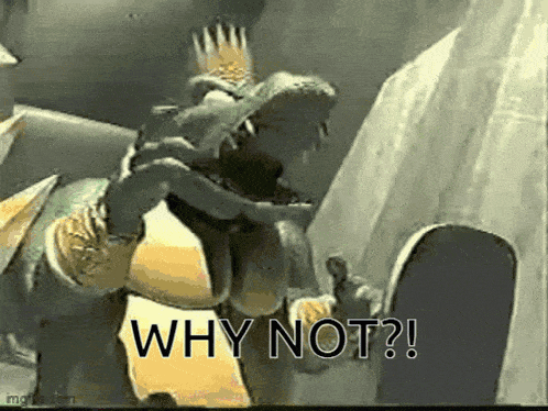 a cartoon character with a crown on his head is holding a skateboard and says `` why not ? ''