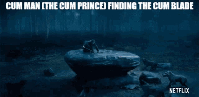 a netflix ad shows a man holding a sword on a rock in the woods