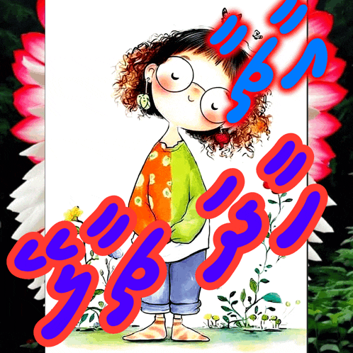 a cartoon girl with curly hair and glasses is surrounded by flowers and the words ' bts ' on the bottom
