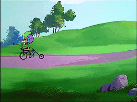 a cartoon of a person riding a bike down a road