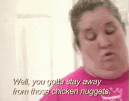 a woman in a pink shirt is saying well , you gotta stay away from those chicken nuggets
