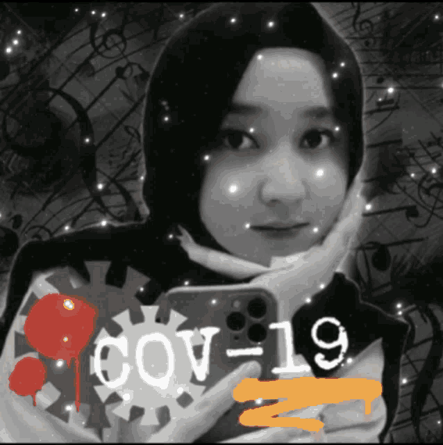 a girl is taking a selfie with the word cov-19 written on the bottom