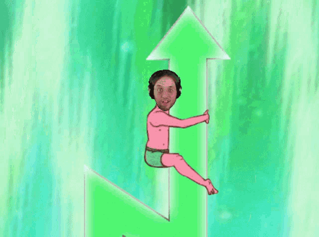 a cartoon man is sitting on a green arrow pointing upwards