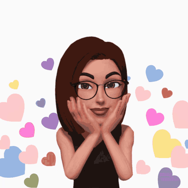 a woman with glasses is surrounded by hearts