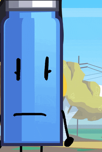 a cartoon drawing of a blue bottle with a sad face on it