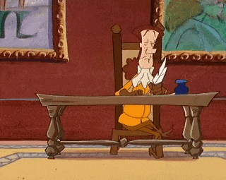 a cartoon drawing of a man sitting at a table with a feather in his hand