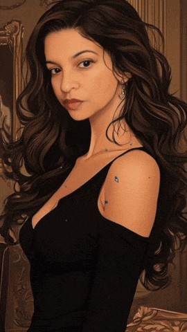 a woman with long dark hair is wearing a black top and earrings