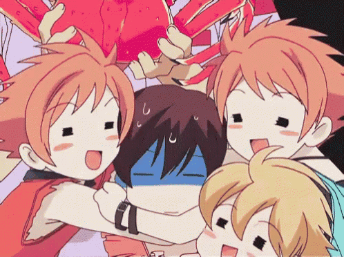 a group of cartoon characters are hugging each other