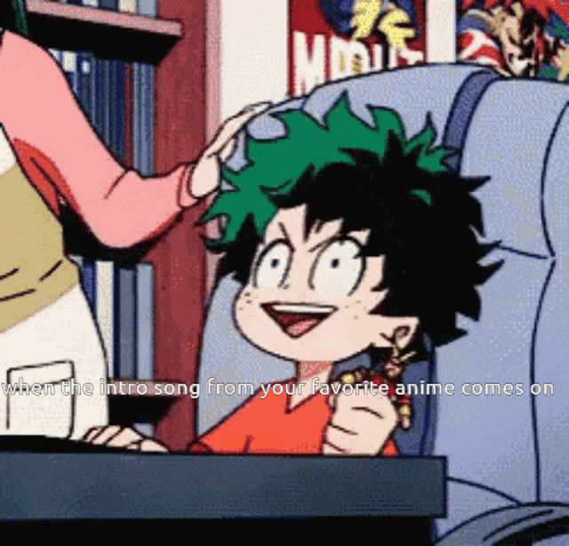 a cartoon of a girl touching a boy 's head with the caption " when the intro song from your favorite anime comes on