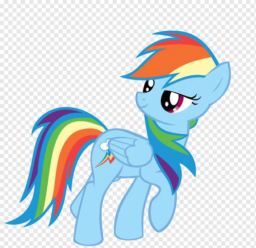 a blue pony with a rainbow mane and tail on a white background
