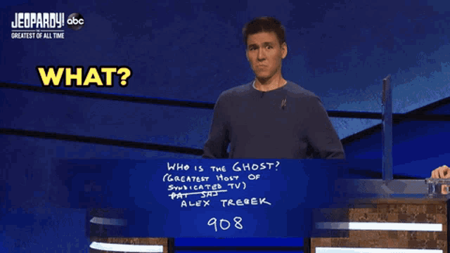 a man on a jeopardy show with a question that says what