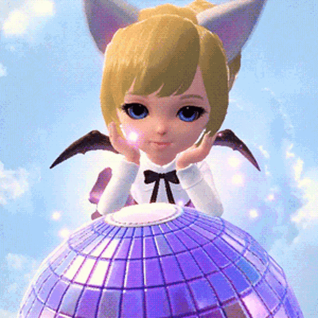 a little girl with wings is sitting on top of a purple globe