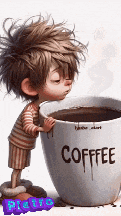 a cartoon boy is standing next to a large coffee cup