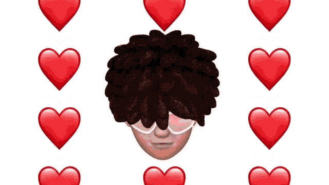 a man with curly hair and pink sunglasses is surrounded by hearts