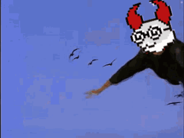 a pixel art of a person with a devil mask on