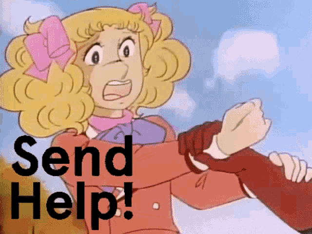 candy cane is screaming and holding someone 's hand with the words send help behind her