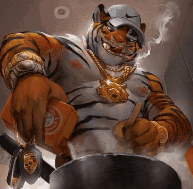 a cartoon of a tiger wearing a hat and holding a porsche key