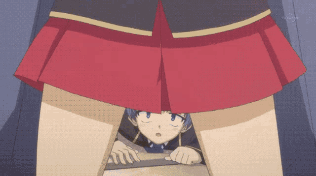 a girl in a red skirt is peeking out from underneath a woman 's skirt
