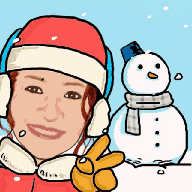 a cartoon of a woman wearing a santa hat and ear muffs giving a peace sign next to a snowman
