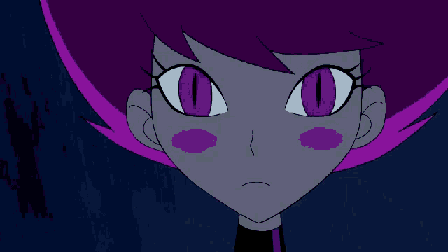 a close up of a cartoon character with purple hair and purple eyes