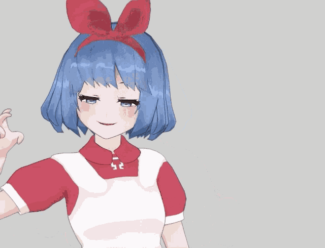 a girl with blue hair and a red bow on her head stands in front of a sign that says ' iy ' on it