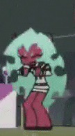 a cartoon character is dancing in front of a green circle .
