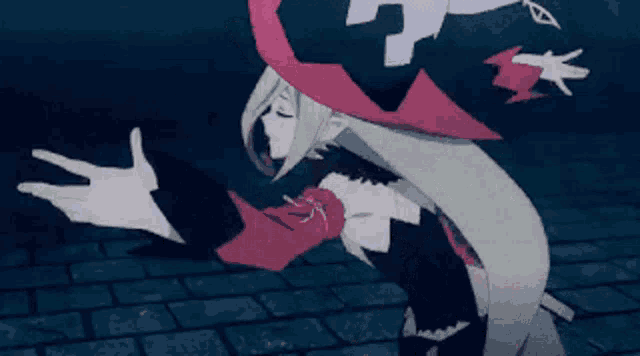 a woman in a witch costume is standing on a brick floor with her hands outstretched