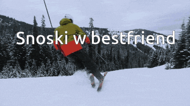 a person skiing down a snowy slope with the words snoski w bestfriend written above them