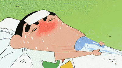 a cartoon character is laying in bed with a thermometer on his forehead