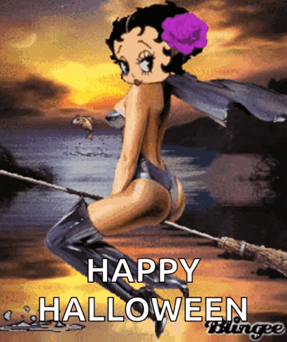 betty boop flying on a broom with the words happy halloween