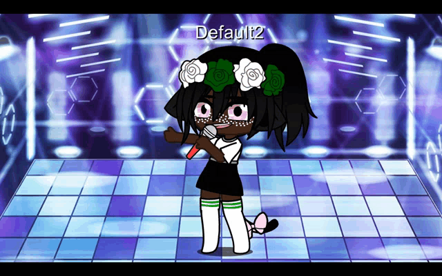 a girl with flowers in her hair is singing into a microphone with the name default2 on the bottom right