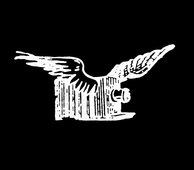a black and white drawing of a bird with wings sitting on top of a box .