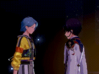 a couple of anime characters standing next to each other with their arms in the air