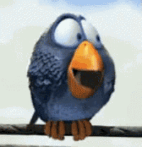 a cartoon bird is sitting on a wire and looking at the camera .