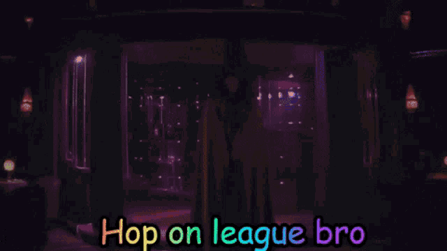 a man is dancing on a stage with the words hop on league bro written above him