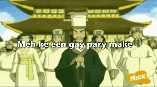 a group of people standing in front of a building with the words meh ke een gay pary make
