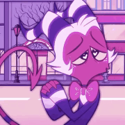 a purple and white cartoon character with horns and a bow tie is standing on a street .